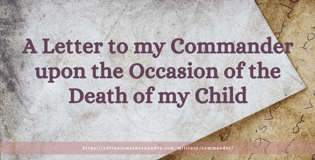 Close-up on a white envelope sitting on top of a yellowed handwritten letter. The envelope looks weathered. The words, "A Letter to my Commander upon the Occasion of the Death of my Child" are superimposed on top of the image (Vlana, Getty Images)