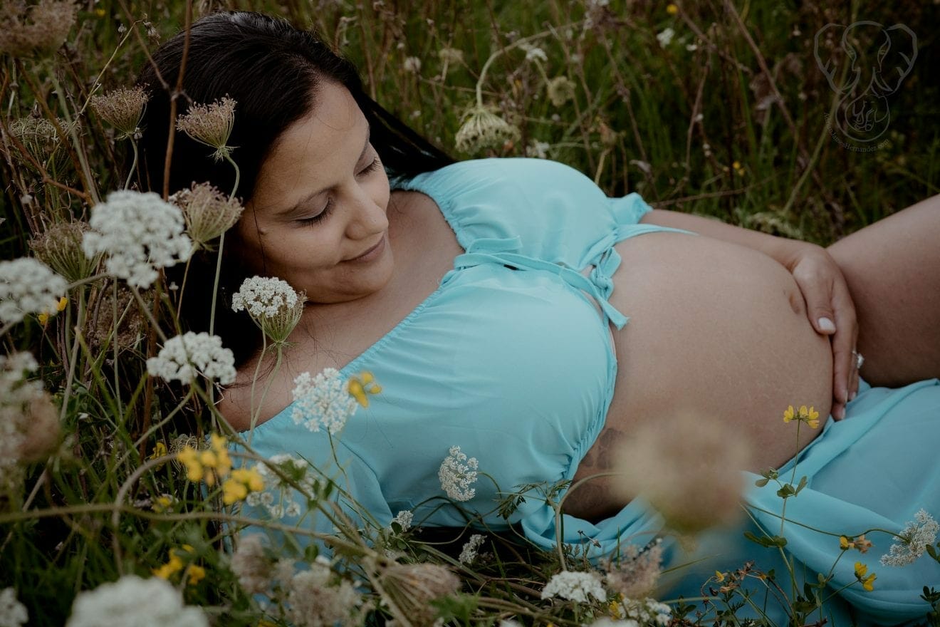 Maternity photo taken in Metauri Bay, New Zealand. Miranda is wearing a light blue maternity photo gown, open at the belly. She is lying in a field of wildflowers, and is looking at her belly. Adrian's footpring tattoo is just barely visible on her right ribs (Two Little Starfish)