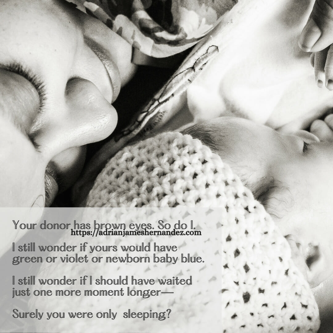 Download for Instagram or Facebook Your donor has brown eyes. So do I. I still wonder if yours would have been green or violet or newborn baby blue.  I still wonder if I should have waited just one more moment longer–surely you were only sleeping?