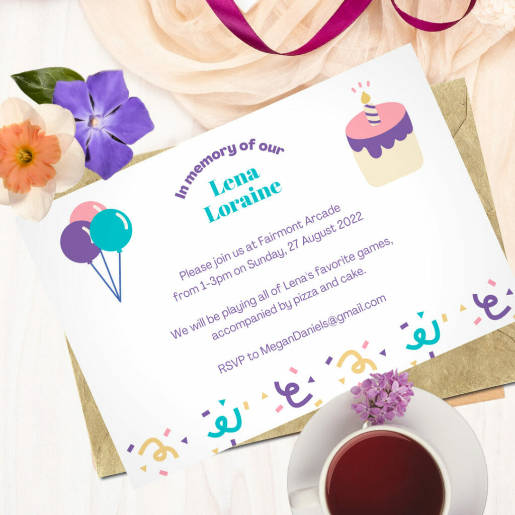 Memorial birthday invitation: If your deceased child were alive today, how might you be celebrating their birthday? Inviting your loved ones to join you in one of your child's favorite activities is one way to keep their memory alive. Download and edit this customizable invitation on your own computer, or visit the Canva template link below to customize in Canva. - Sea Glass Parenting