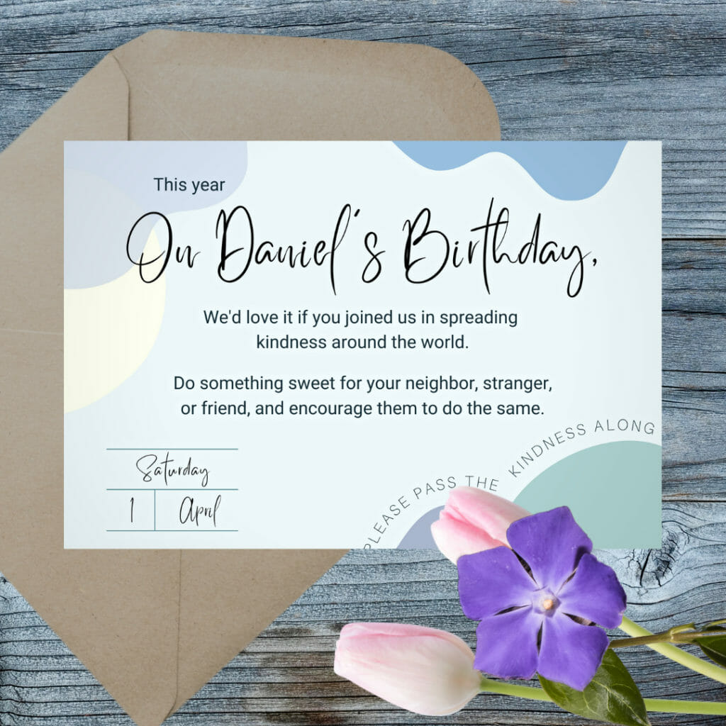 Memorial birthday card: One of the most beautiful ways to honor a deceased loved one on their birthday is to perform acts of kindness for other people. Use this customizable card to invite your loved ones to perform acts of kindness with you. - Sea Glass Parenting