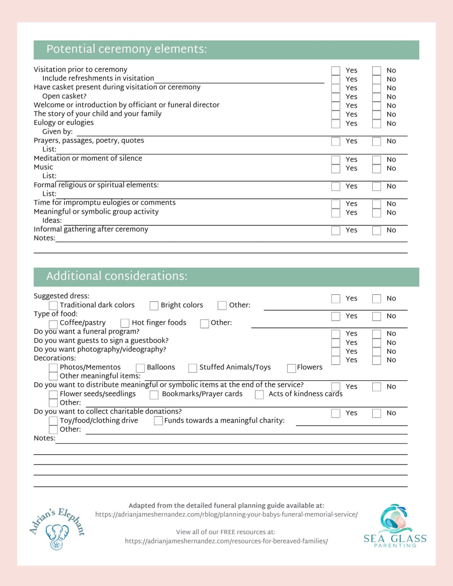 Printable brochure & checklist for planning a baby's funeral