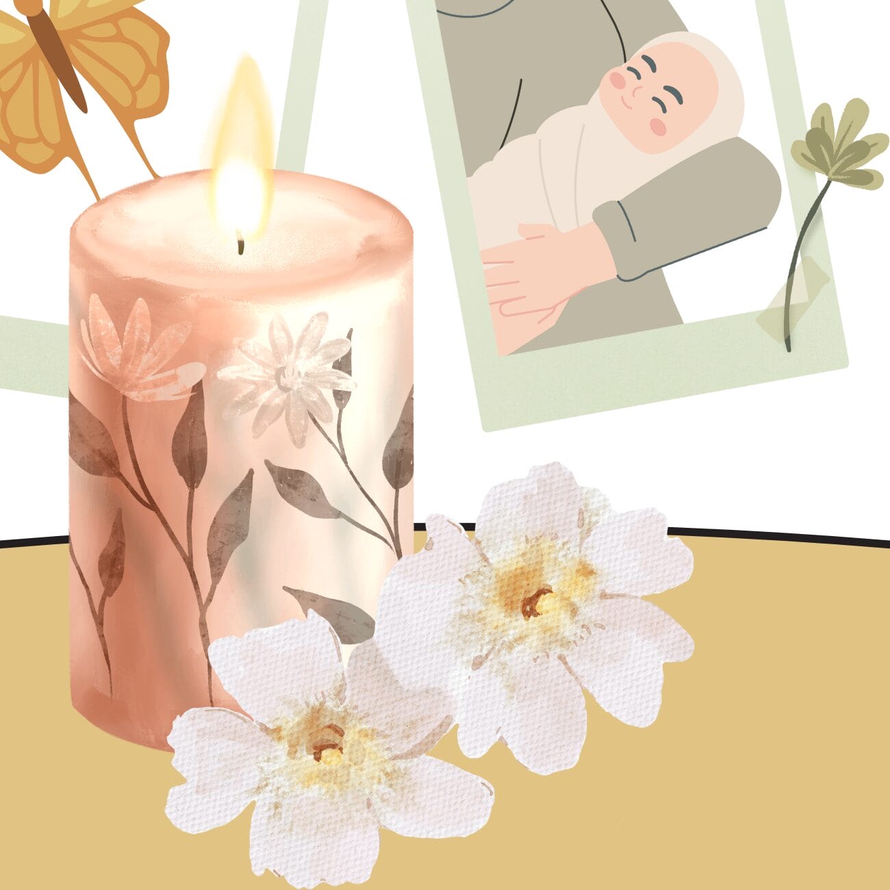 Close-up of memorial table with a candle and flowers in front of photos