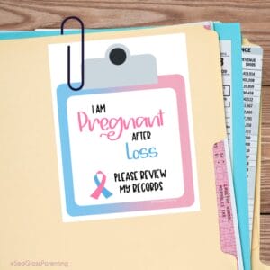 "I am Pregnant after Loss. Please review my records." appointment card on paperwork